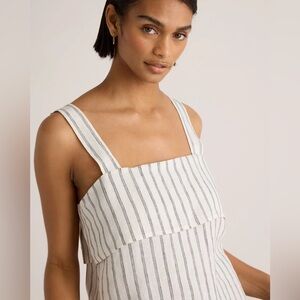 Quince 100% European Linen Square Neck Tank in Oatmeal Beige Black Stripe Large